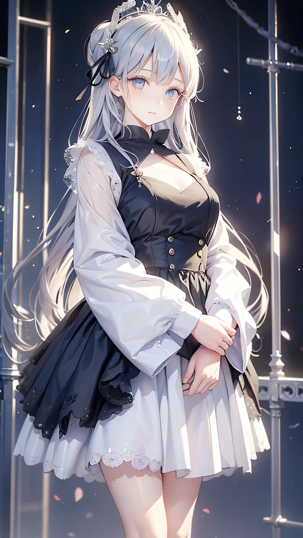 ((masterpiece)), (Highest quality))), (Character design sheet), One girl, whole body, Silver Hair, Beautiful Eyes, (Very delicate and beautiful face), (Beautiful Eyes in Every Detail),Princess Cut, Environmental change scene, Short skirt, Shyness, woman, girl, Are standing, Gothic Lolita, vtuber, Chartern Betarola, ( masterpiece:1.2), (Highest quality:1.3)