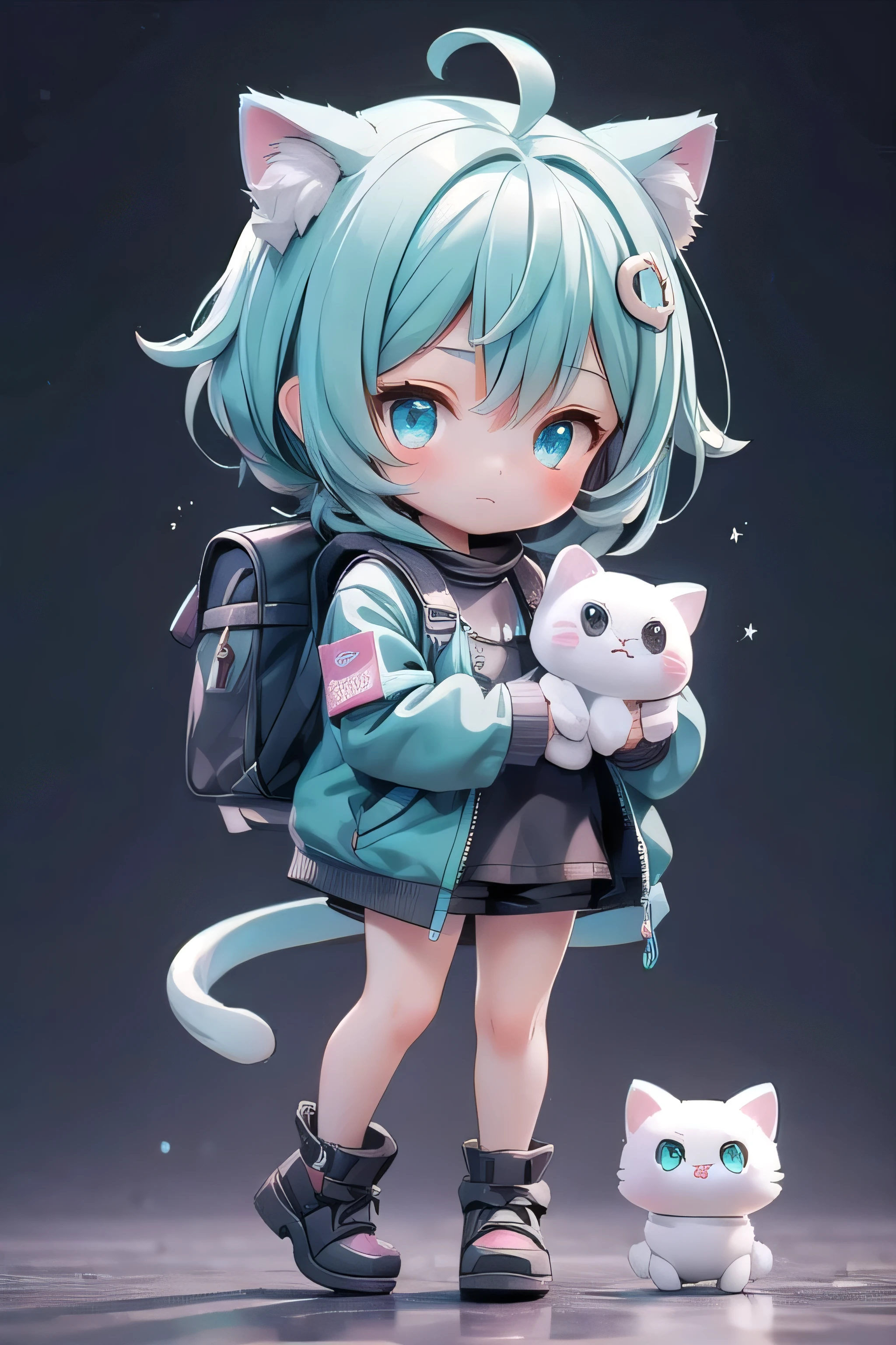 (masterpiece), 1girl, chibi, alien, kitty chibi toys in hand