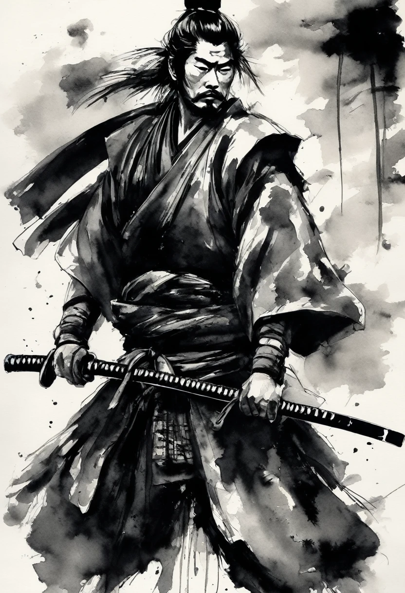 Samurai and Kosode,black,draw in black on a white background,Ink Painting,Drawing with ink,Shades of black unique to sumi-e,Shading techniques unique to sumi-e,He has someone important to protect.,I'I'm about to enter into a fight for my life..,express strong determination and will,Straight and beautiful sword:Traditional Crafts:masterpiece:made in Japan,Metallic luster,masterpiece,nice,wonderful,Movie Posters,Professional work,最高masterpiece,High resolution,a handsome guy,History and traditions