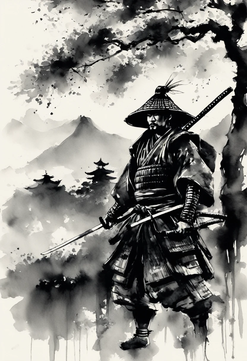 Samurai and Kosode,black,draw in black on a white background,Ink Painting,Drawing with ink,Shades of black unique to sumi-e,Shading techniques unique to sumi-e,He has someone important to protect.,I'I'm about to enter into a fight for my life..,express strong determination and will,Straight and beautiful sword:Traditional Crafts:masterpiece:made in Japan,Metallic luster,masterpiece,nice,wonderful,Movie Posters,Professional work,最高masterpiece,High resolution,a handsome guy,History and traditions