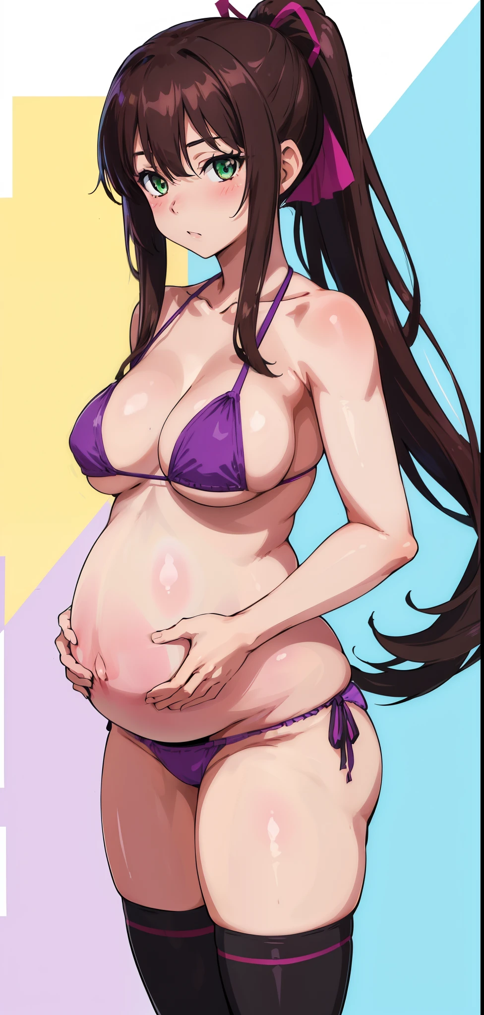 masterpiece, best quality,1girl,solo,kirasaka sayaka,brown hair,long hair,ponytail, hair ribbon, green eyes,,purple thighhighs, wariza, (bikini). (Pregnant)