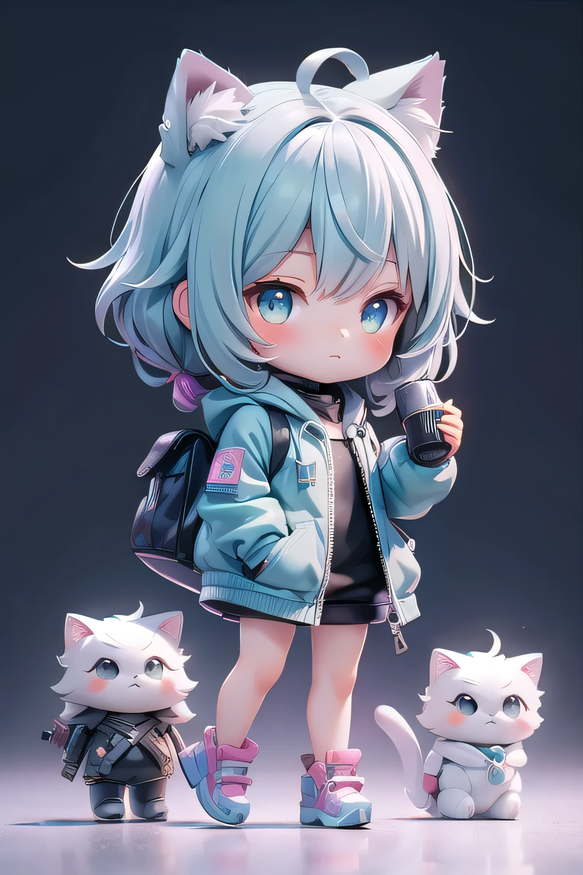(masterpiece), 1girl, chibi, alien, kitty chibi toys in hand