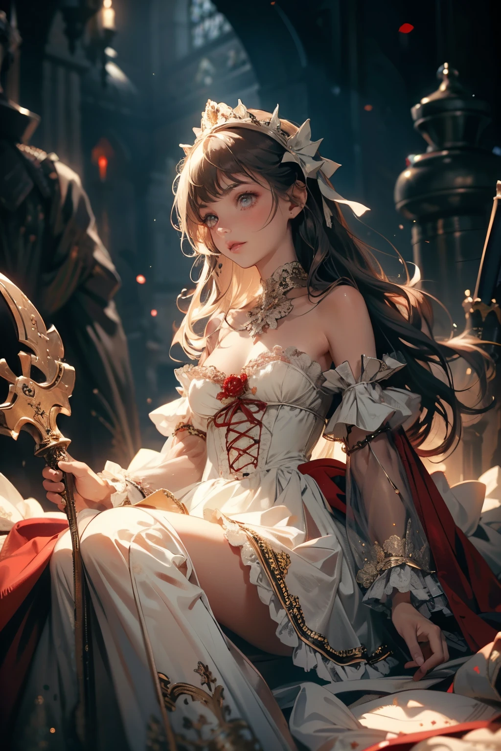 ((best quality)), ((masterpiece)), (detailed), blank white background, plain background, white background, red and white clothing, Bloodborne inspired, occult aesthetic, occult, detailed and intricate steampunk and detailed gothic, NSFW, Very dramatic and cinematic lighting, cosmic horror, grim-dark, side-lighting, perfect face, NSFW, Fluttering lace flared long knee length dress with frilly petticoats, knee length dress, pleated petticoats, ta dress, petticoats gothic lolicomplex lace boots, wielding a sword and holding a shield, side-lighting, gothic lolita aetic, NSFW, beautiful small breasts, small breasts, full body, whole body, body, plain background, white background, blank background, no background, white background NSFW, full body, whole body, head-to-toe
