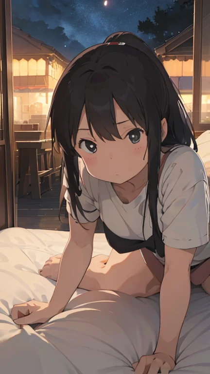 highest quality, (masterpiece:1.2), very detailed,shinkai makoto, kimi no na wa., 1 girl, bangs, black hair, brown eyes, waterfall braid, red ribbon, long hair, alone, blush, looking at the viewer, Bedroom, night, T-shirt naked、No underwear、 medium chest, on the bed、legs open, show off your crotch