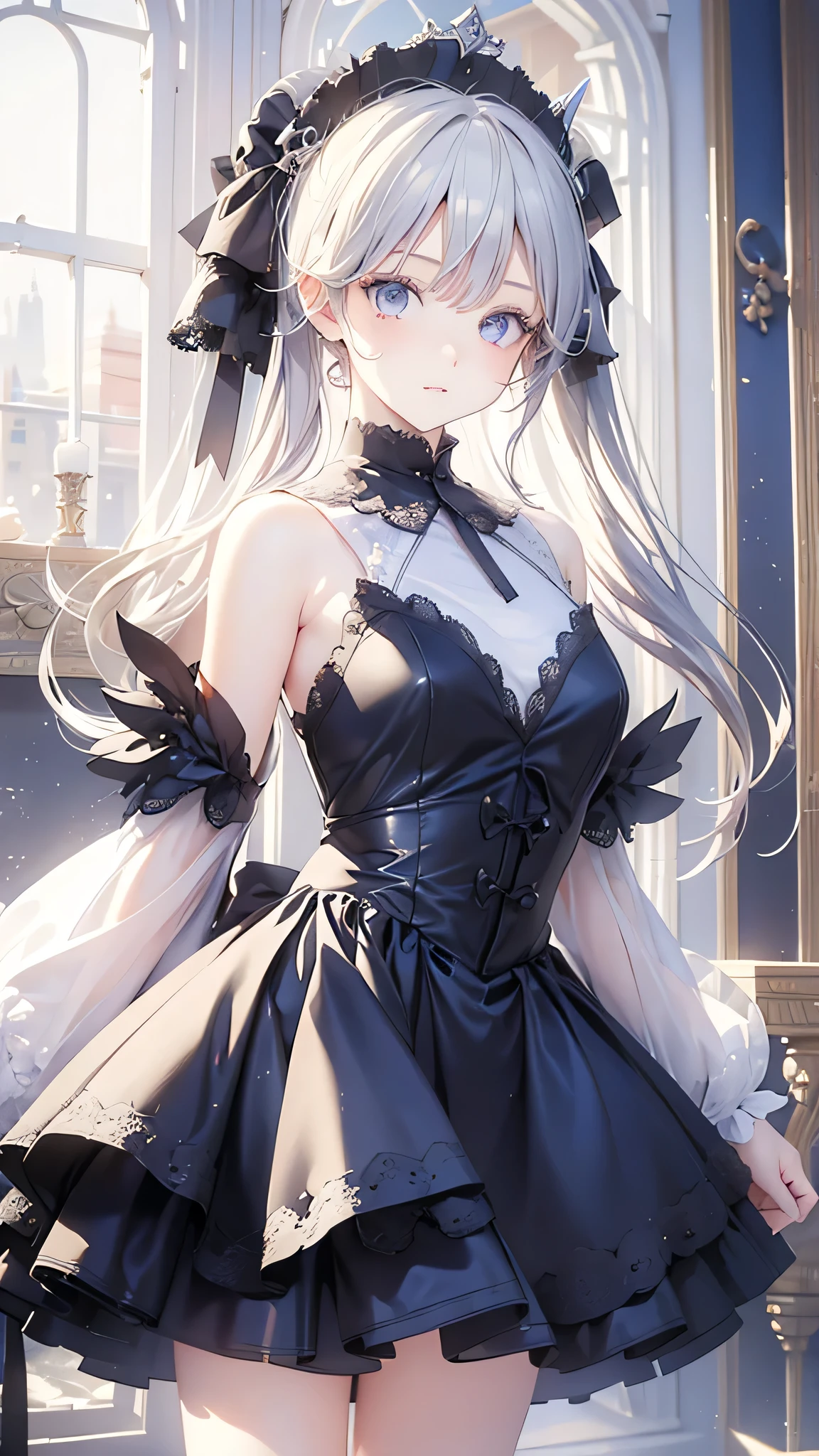 ((masterpiece)), (Highest quality))), (Character design sheet), One girl, whole body, Silver Hair, Beautiful Eyes, (Very delicate and beautiful face), (Beautiful Eyes in Every Detail),Princess Cut, Environmental change scene, Short skirt, Shyness, woman, girl, Are standing, Gothic ta, vtuber, Chartern Betarola, ( masterpiece:1.2), (Highest quality:1.3)