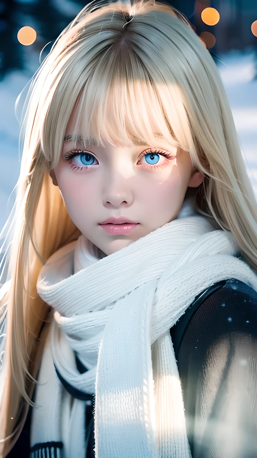 alone, very beautiful nordic girl、Shiny light blonde hair, Beautiful super long straight dazzling blonde hair fluttering in the strong wind,Long bangs obstruct the view、 Very large eyes are pale sky blue, Detailed face, White and beautiful skin、Cheek gloss highlighter、Mittens, White scarf, whole body, Snow Forest, Attractive areas, (Blushing your nose, Heavy breathing:1.1), (dark:1.4)
