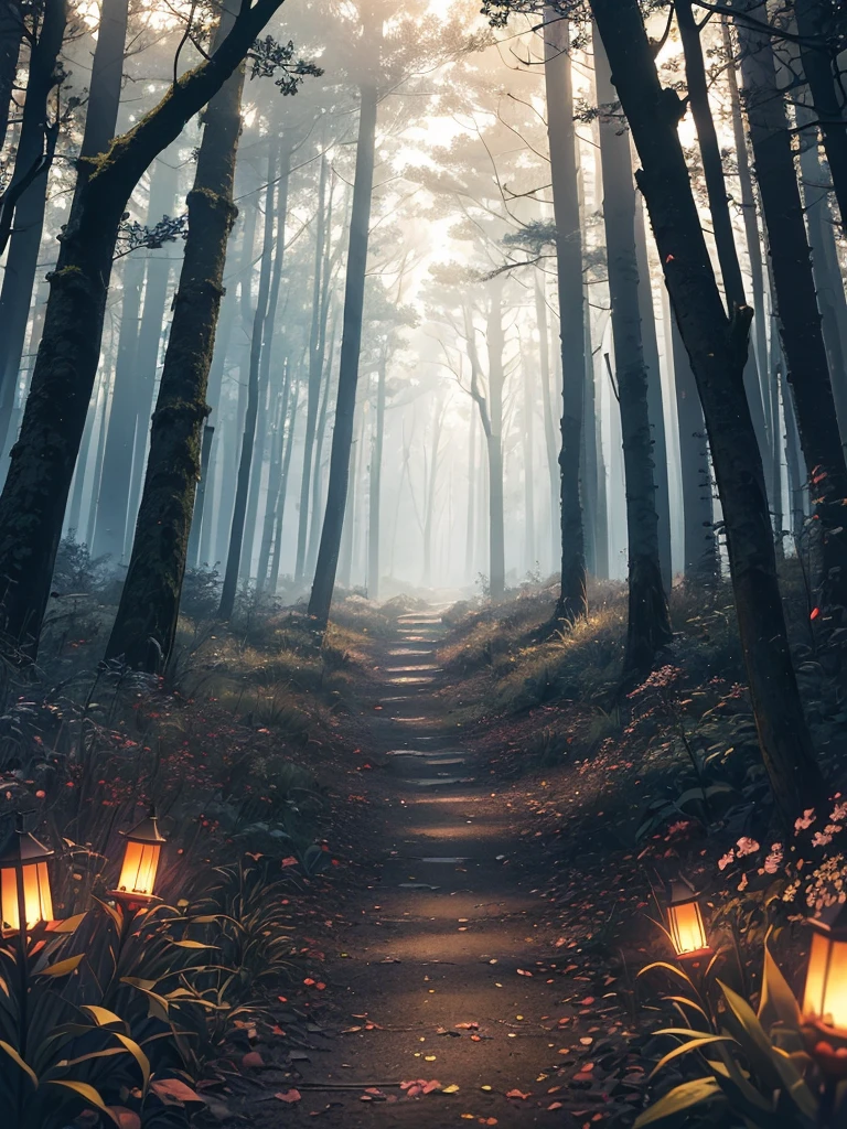 a path in the middle of a dark forest, long trees with tall crowns, bushes with hidden red eyes, (((the forest is very dark, with little visibility))), floating lanterns with little or almost no light, fireflies illuminate the path , some cherry blossoms, Lycoris Radiata, {extremely detailed 16k CG unit wallpaper}, expansive landscape photography, (a low view with focus on the scenery), (wide open field view), (angled shot low), (high light: 1.0), (low light: 1.7), (warm light source: 1.0), complex details, (iridescent colors: 1.0), (bright lighting), (atmospheric lighting)