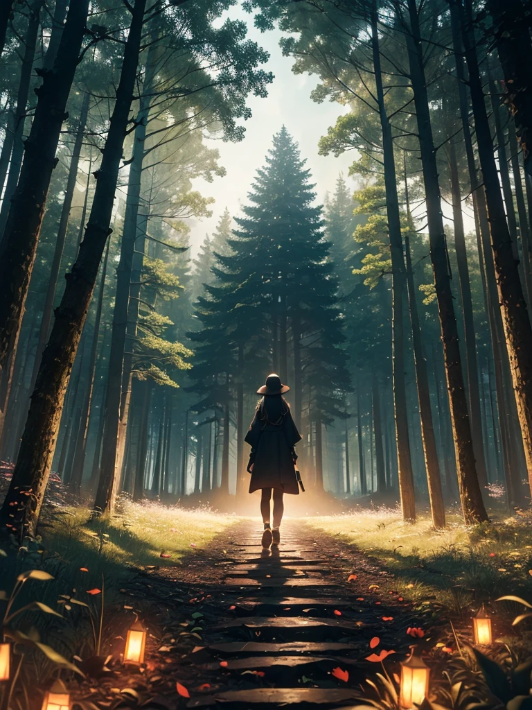 a path in the middle of a dark forest, long trees with tall crowns, bushes with hidden red eyes, (((the forest is very dark, with little visibility))), floating lanterns with little or almost no light, fireflies illuminate the path , some cherry blossoms, Lycoris Radiata, {extremely detailed 16k CG unit wallpaper}, expansive landscape photography, (a low view with focus on the scenery), (wide open field view), (angled shot low), (high light: 1.0), (low light: 1.7), (warm light source: 1.0), complex details, (iridescent colors: 1.0), (bright lighting), (atmospheric lighting)