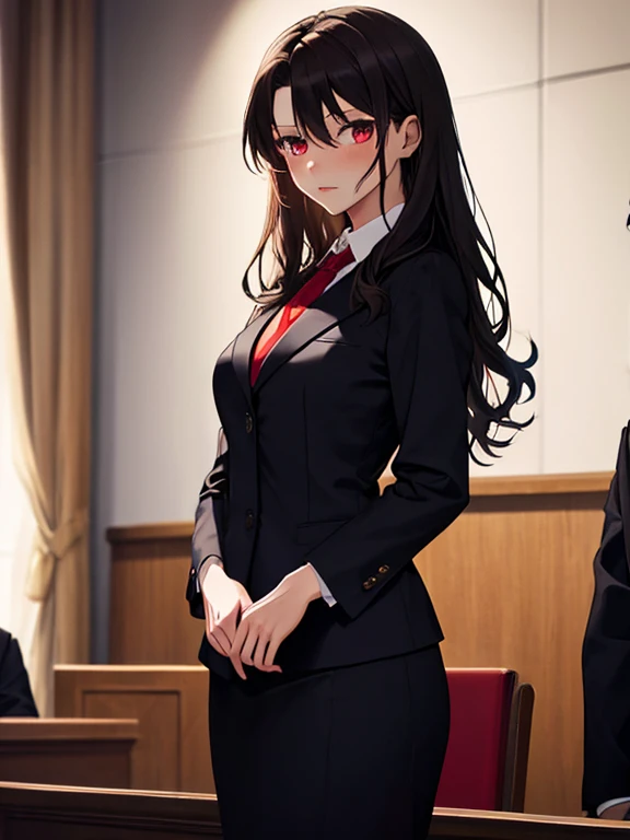 (lawyer), (The background is the courtroom), (Black suit), A paper saying &quot;victory&quot;, Tohsaka Rin, (masterpiece), highest quality, 1girl, uhd, retina, masterpiece, ccurate, anatomically correct, textured skin, super detail, high details, high quality, best quality, highres, 4K