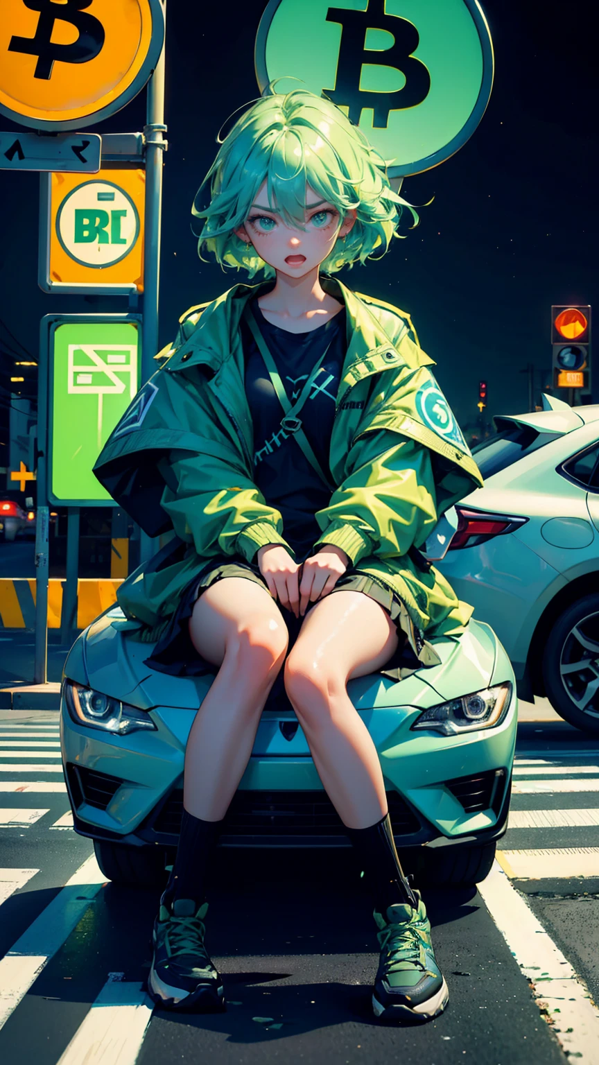 A cute girl light green hairs, with sadness emotions on face with open mouth, looking at of cars stuck in traffic with bitcoin symbols on the road signs, Bitcoin symbols and blue hues for road signs, extremely frustrated girl sitting on the car,