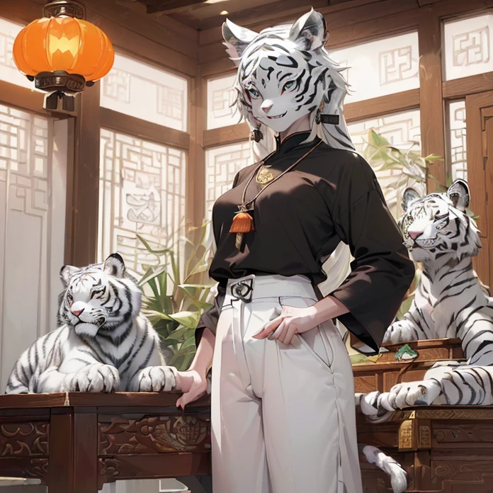 (absurdres, masterpiece, best high quality image epic artwork, high fantasy genre, carefully detailed image, carefully detailed textures, animalistic character, fantasy animal artwork, anthropomorphic, real animal features, solo animal character, full anthro animal body view)
{{((1anthropomorphic-animal: 60 years old female white tiger: ((white tiger head, real white tiger face, white tiger light-blue eyes, pink nose, rounded white tiger ears, white tiger neck, bear open mouth with sharp teeth and sharp fangs), (slender white tiger body, white tiger arms, white tiger hands with five fingers and grey sharp claws), (white tiger slender legs, white tiger feet, five white tiger fingers with grey sharp claws)), ((black hindu shirt, orange hindu pants, golden chinese necklace)), (white tiger smiling face, white tiger standing relaxed pose, white tiger calmed demeanor), (green jade chinese house interior, green jade house walls, hindu forniture, four hindu wooden chairs, one hindu wooden table, one chinese little television screen over the table))}}