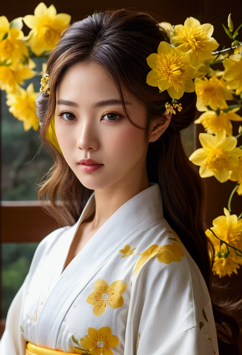 (high quality、masterpiece、Ultra HD)、Beautiful woman with ultimate body(Beauty、Realistic Skin、Beautiful Face、Beautiful body、Young and beautiful woman、18-year-old)、Pure girl、Various Hair Styles、White kimono,doctor,Japanese-style room of the shrine、Background is yellow flowers,Many yellow flowers,Captivating look、Styling hair by hand、Variety of gestures、Overall image、whole body、