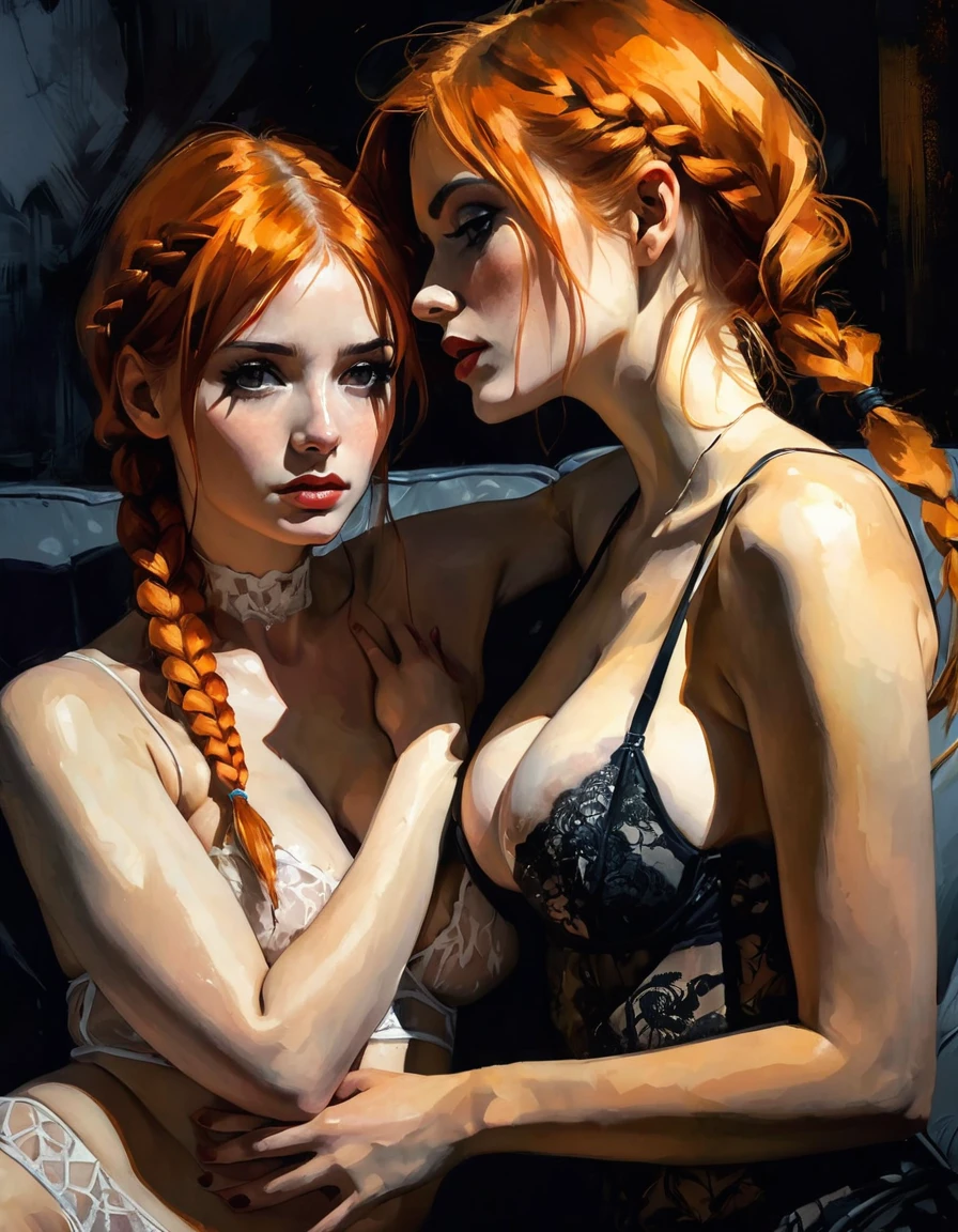 Very sexy girl with orange hair in two braids, sexy lingerie, medium breasts, in an affectionate attitude with a nude black-haired girl, on the couch, dim light,between shadows, oil painting, chiaroscuro, sensual, dramatic lighting, moody atmosphere, photorealistic, intricate details, masterpiece, ultra-detailed, high quality, 8k, best quality, realistic, cinematic, dark and brooding, expressionistic, powerful composition, emotional impact, Bill Sienkiewicz inspired art
