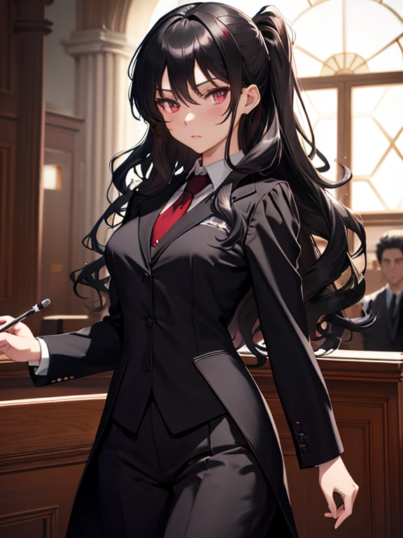 (lawyer), (The background is the courtroom), (Black suit), A paper saying &quot;victory&quot;, Tohsaka Rin, (masterpiece), highest quality, 1girl, uhd, retina, masterpiece, ccurate, anatomically correct, textured skin, super detail, high details, high quality, best quality, highres, 4K