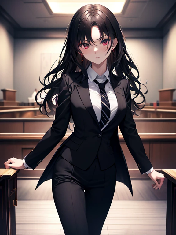 (lawyer), (The background is the courtroom), (Black suit), A paper saying &quot;victory&quot;, Tohsaka Rin, (masterpiece), highest quality, 1girl, uhd, retina, masterpiece, ccurate, anatomically correct, textured skin, super detail, high details, high quality, best quality, highres, 4K