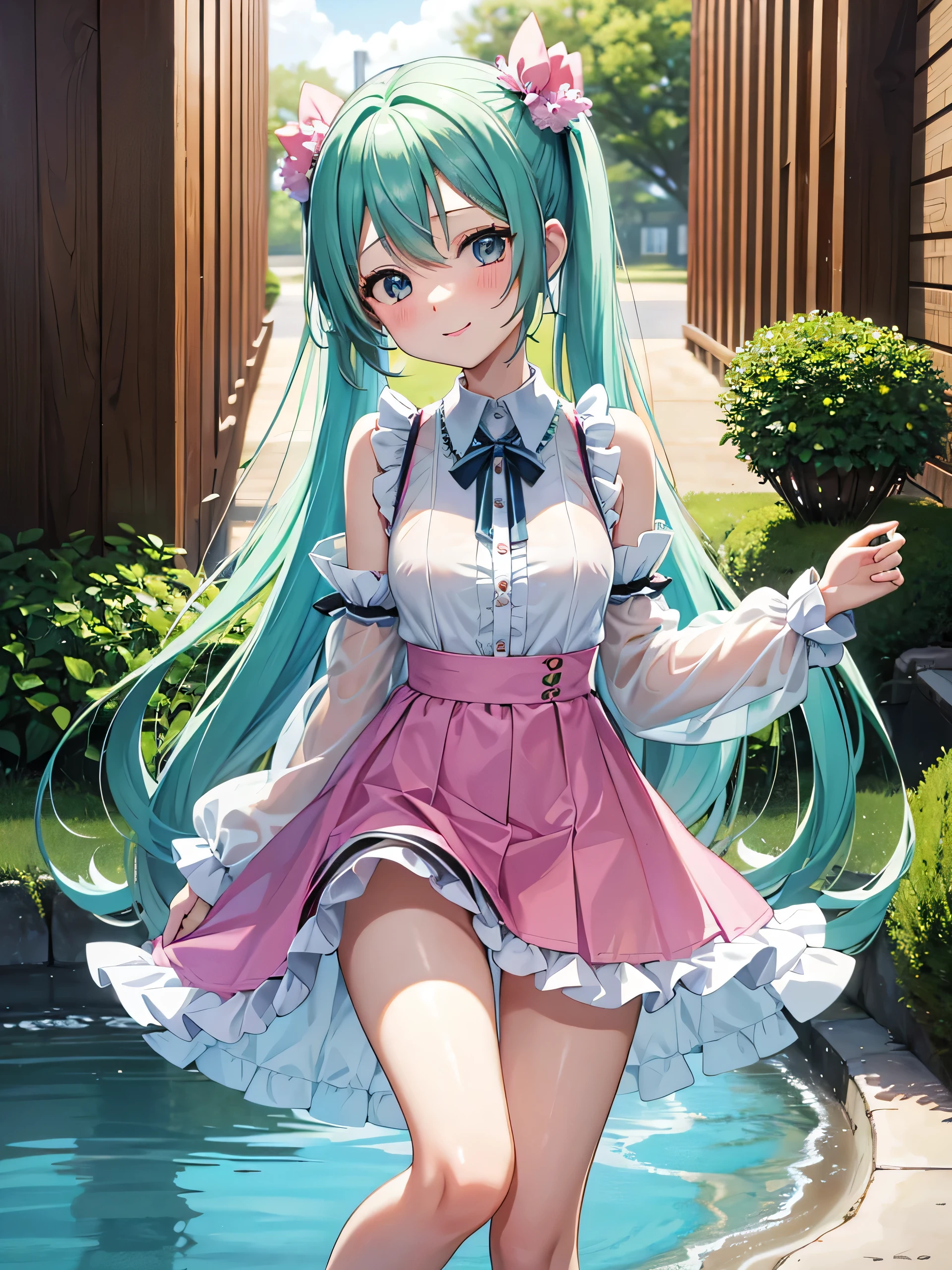 Young Hatsune Miku、girl、独奏、blush、Huge breasts、girl、Kindergarteners、、***********、、、smile、Striped panties、Long skirt、Long sleeve、colorful、Idol Costumes、Frills、Puffy short sleeves、Clothes are see-through、From below、Wet clothes、Transparent nipples、Sit with your legs apart、kiss