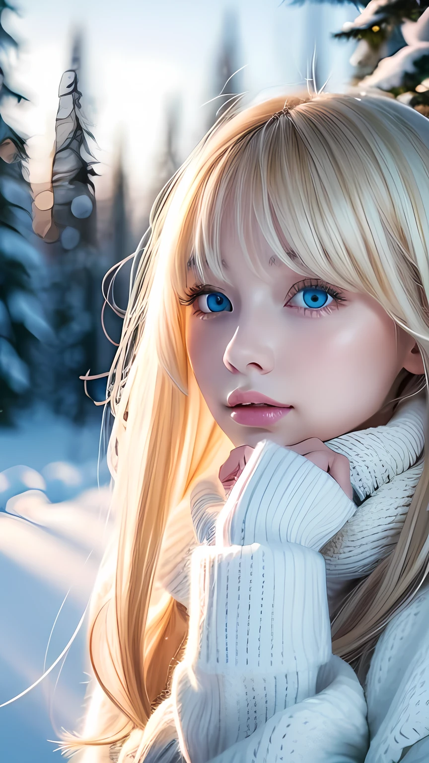 alone, very beautiful nordic girl、Shiny light blonde hair, Beautiful super long straight dazzling blonde hair fluttering in the strong wind,Long bangs obstruct the view、 Very large eyes are pale sky blue, Detailed face, White and beautiful skin、Cheek gloss highlighter、Mittens, White scarf, whole body, Snow Forest, Attractive areas, (Blushing your nose, Heavy breathing:1.1), (dark:1.4)