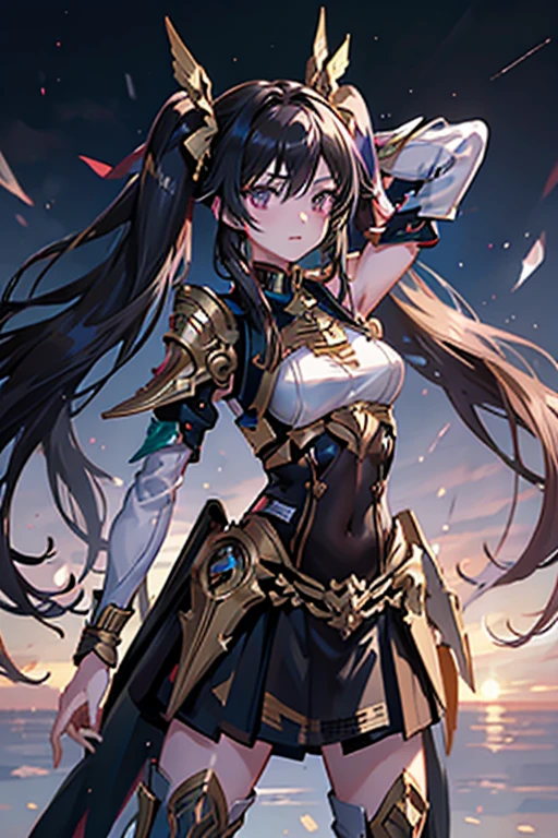 (masterpiece), best quality, expressive eyes, perfect face, 1girl, solo, ishtar, ishtar fate, purple eyes, black hair, gold hair ribbon, long hair, twintails hair, ribbon, sidelocks, two side up, black skirt, black thighhighs, Humanoid, Red and White color Armor suit, Valkyrie, breast plated, thighhighs, Bright Sky background, stand, standing, character sheet, upper body, portrait, looking at viewer, Gundam wings, medium breast, double sword at both hand, Fly high