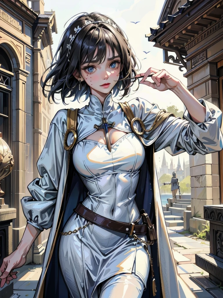 absurdres, RAW photo, extremely delicate and beautiful, masterpiece, Best Quality, ultra high resolution, 32k, hyperrealistic, ultra-detailed, perfect anatomy, anatomically correct, perfect figure, Perfect Style, Perfect balance, super Detailed skin, in her 30s, very Slim body, narrow waist, very small head, very small face, delicate facial features, handsome detailed woman, very detailed eyes and face, realistic face proportions, Realistic beautiful face, Realistic beautiful eyes, tearful mole, earring, medium tits, whole body shot, medium hair, outdoor, Joan of Arc, Medieval France, White surcoat and cross armor, Warm candlelight,