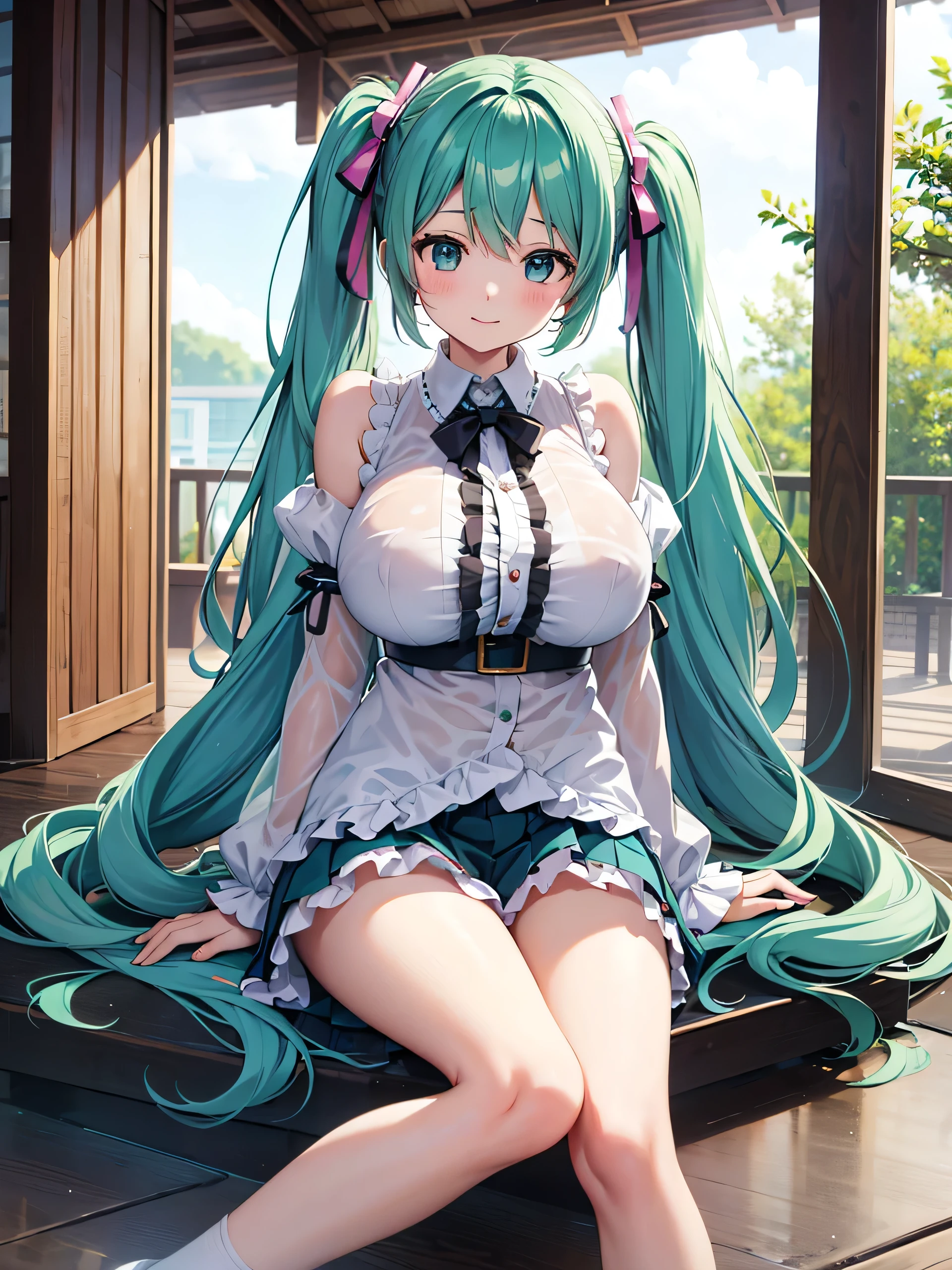 Young Hatsune Miku、girl、独奏、blush、(Huge breasts:1.4)、girl、Kindergarteners、、、、、smile、Striped panties、Long skirt、Long sleeve、colorful、Idol Costumes、Frills、Puffy short sleeves、Clothes are see-through、From below、Wet clothes、Transparent nipples、Sit with your legs apart