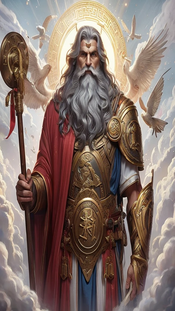 Please create a live-action image of a character modeled after Super Zeus from Bikkuriman Chocolate。Characters、With a halo on his head、There is a star mark on the forehead、A wise, older looking man with long grey hair and a beard.。彼は赤とMoneyのローブに青とMoneyのベルトを締め、Wearing brown sandals、There is a circular relief in the center of the chest.、Among them「Money」He is wearing ancient Greek-style armor with the Chinese character for。The expression is stern yet gentle.、It exudes sacred authority.。He has a wooden stick。The face should capture the character's wise and older look。The background should be a heavenly scene with clouds and bright divine light.。