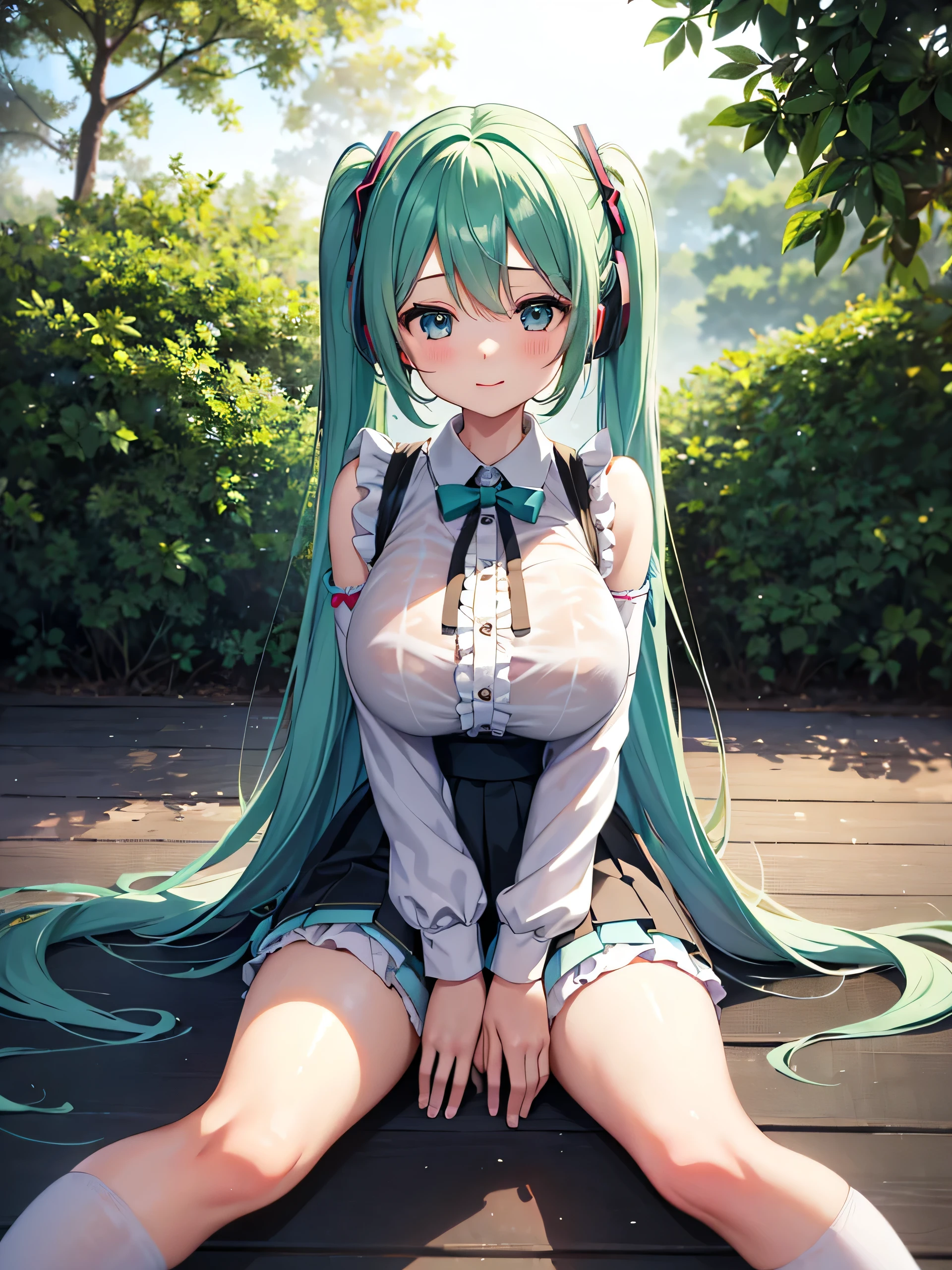 Young Hatsune Miku、girl、独奏、blush、(Huge breasts:1.4)、girl、Kindergarteners、、6 years old、、、smile、Striped panties、Long skirt、Long sleeve、colorful、Idol Costumes、Frills、Puffy short sleeves、Clothes are see-through、From below、Wet clothes、Transparent nipples、Sit with your legs apart、kiss