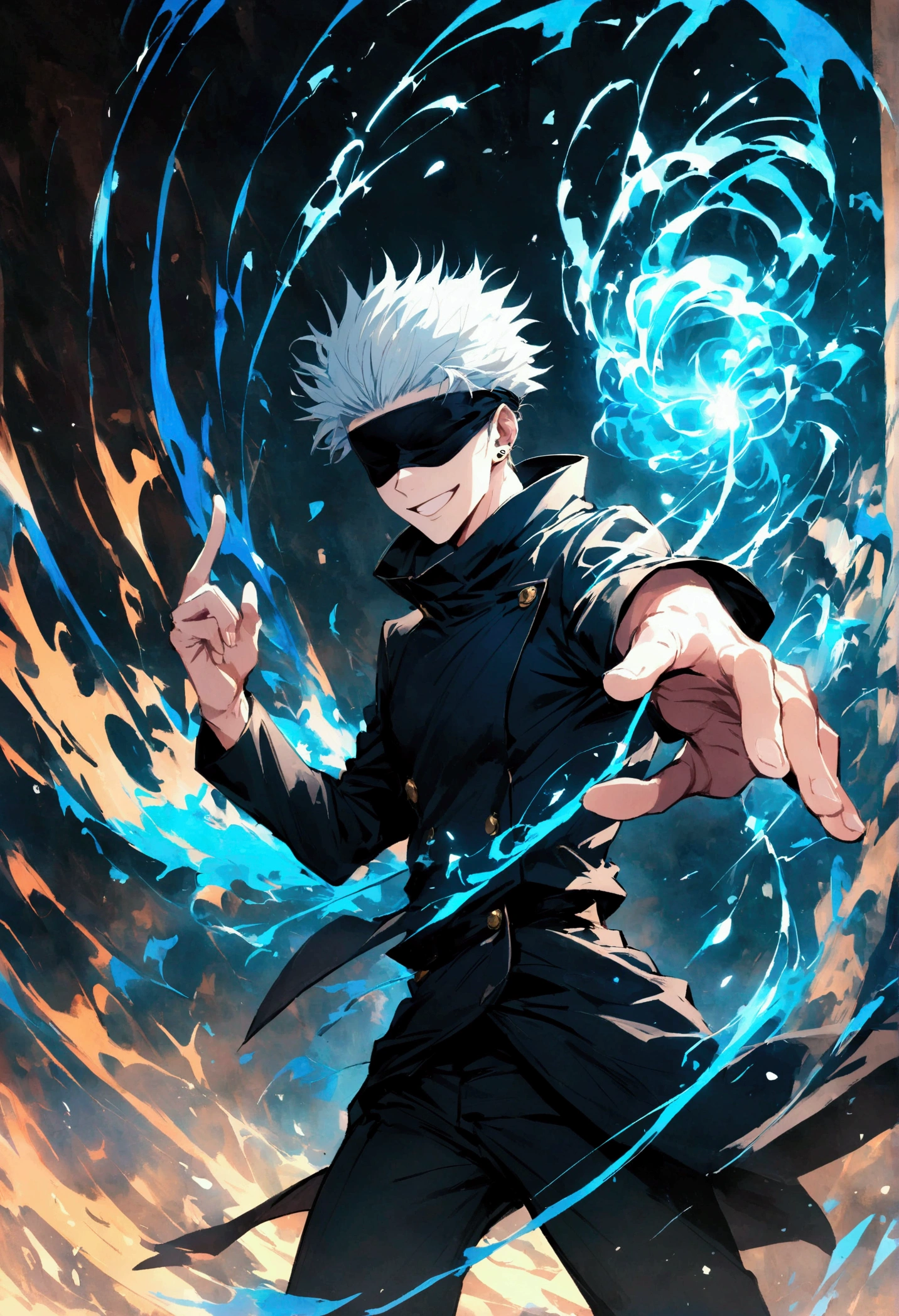 1 male,Gojo Satoru,Jiu Jitsu Kaiba,,Create an image of Gojo Satoru from the manga 'Jiu Jitsu Kaiba' by Gege Akutami. Gojo is a tall guy., Slender man,With white hair, Often wears a black eye mask or sunglasses. He exudes confidence and charm, Frequent displays of relaxed smiles or challenging expressions. Capturing his dynamic poses, May raise one hand and point with one finger. The background should depict a modern cityscape or a battle scene with a spinning energy effect. Include special effects like blue aura or energy waves to emphasize his power, When he took off his blindfold,His piercing blue eyes sparkled. Be sure to highlight his stylish outfits and theatrical vibe.,Ishida Sui's style,Intricate details,Detailed description of hair,Use black and white as the main colors,decadent,artwork,Perfect anatomical structure,Anatomically correct,Beautiful light and shadow,dynamically,Cool,Astonishing
