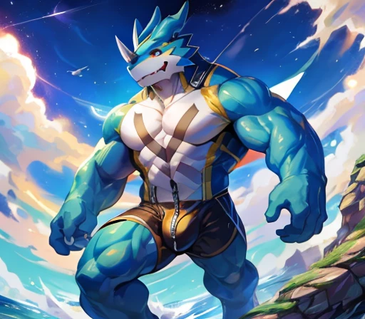 masterpiece,high quality,anime,Detailed eyes, Male Exveemon,great physique,Strong body, manly, On the Cliff,The sea can be seen behind,space,Daytime,White flowers are blooming all over the place,stroll,Casual clothing,Green hoodie(The zipper is open),Brown shorts,A seductive bulge in the crotch,Yellow headphones hanging around his neck,美しいspace, Joyful, From null-ghost,Pino Daeni