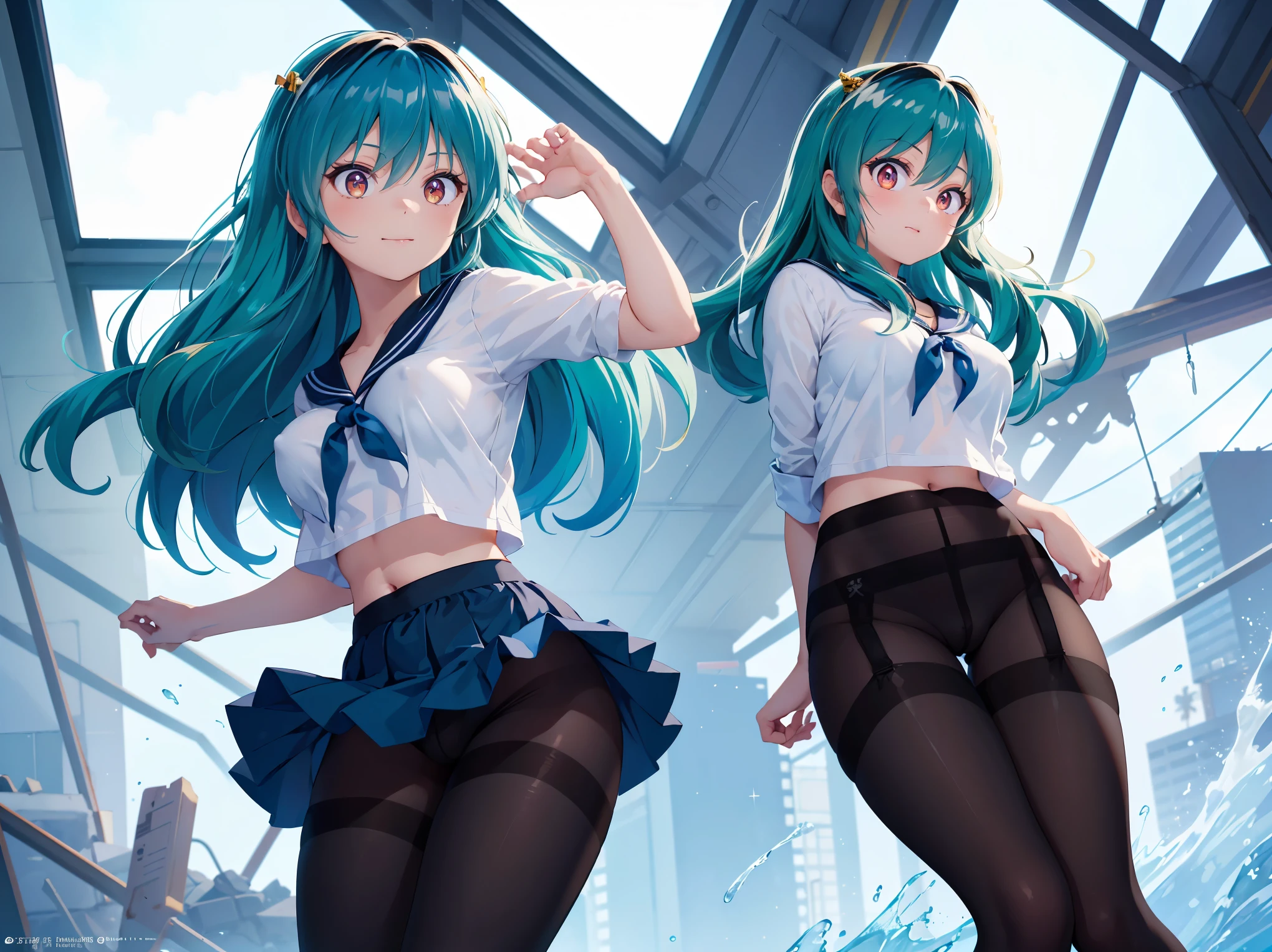 (1 Girl:1.2),(high quality), (High resolution), (Very detailed), (8k),(Demolition paperback correct)、Urusei Yatsura、Ram-chan、((Sexy Lingerie))、Wearing a sailor uniform、((Focus on the whole body))、Nipple Shape、((Black Pantyhose))、Hair messed up by the strong wind、Neutral White Lighting,Sexy pose、