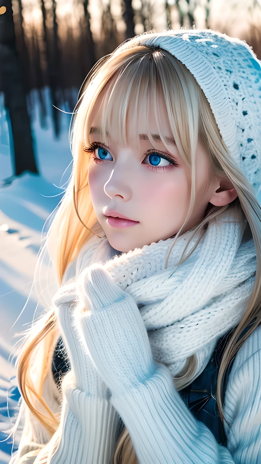 alone, very beautiful nordic girl、Shiny light blonde hair, Beautiful super long straight dazzling blonde hair fluttering in the strong wind,Long bangs obstruct the view、 Very large eyes are pale sky blue, Detailed face, White and beautiful skin、Cheek gloss highlighter、Mittens, White scarf, whole body, Snow Forest, Attractive areas, (Blushing your nose, Heavy breathing:1.1), (dark:1.4)