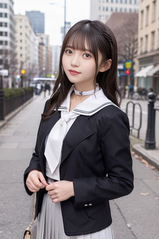 Urban Background, Put your arms behind your back, One girl, alone, Hello, pantyhose, Long Hair, skirt, Braiding, Hair on one eye, hair band, neckerchief, choker, Gray Hair, Are standing, Sailor collar, , black choker, Long sleeve, View your viewers, black hair band, shirt, black pantyhose, pleated skirt, black skirt, Open clothes, bangs, Seraph of the Black, Mouth closed, black shirt, clavicle, black Sailor collar, white neckerchief, sofa, single Braiding, coat, Grey Eyes, hair ribbon, black coat, ribbon, open coat, white shirt, side Braiding