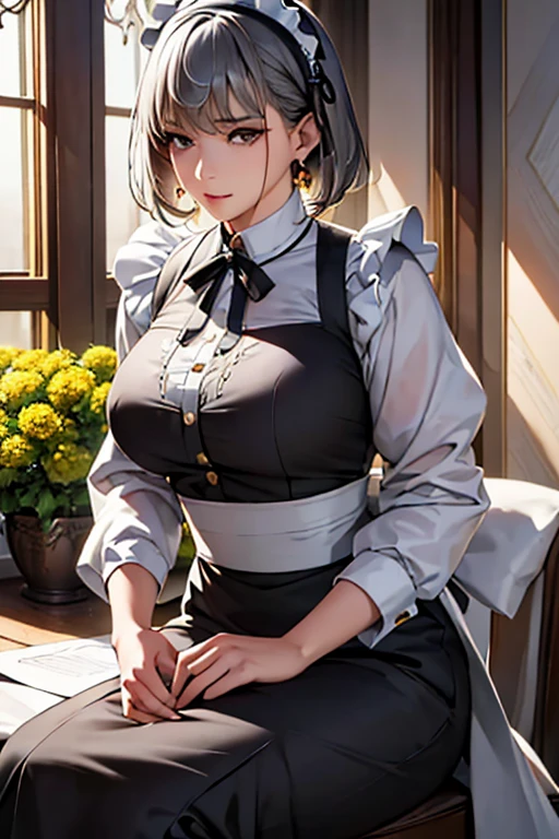((Highest quality)),(超High resolution),(Very detailed),(Detailed Description),((The best CG)),(masterpiece),Ultra-detailed art、(Highest quality、8k、32K、masterpiece)、(Realistic)、(Realistic:1.2)、(High resolution)、Very detailed、Very beautiful face and eyes、1 female、((Narrow eyes、Droopy eyes:1.4、fine grain))、((Very short hair:1.3、Gray Hair))、Tight waist、Delicate body、(Highest quality、Attention to detail、Rich skin detail)、(Highest quality、8k、Oil paints:1.2)、Very detailed、(Realistic、Realistic:1.37)、Bright colors、"A female maid working in a futuristic Western-style mansion、Wearing highly functional and stylish maid uniform。She is moisture wicking、Breathable、Wrinkle-resistant、antibacterial、She is wearing a fitted black top made from a highly functional fabric with excellent odor resistance.。Tops come with a classic high collar or a fitted round collar、It features puffed or long sleeves with lace or ribbon at the cuffs.。The neckline and cuffs are detailed with intricate lace and embroidery.。The A-line skirt is made from the same high-performance fabric.、Knee or ankle length for ease of movement、Lace and embroidery on the hem and side pockets。Classic white or silver apron with lace trim and embroidery、Ribbon ties on the back。シューズはBreathableと耐久性のある合成素材やレザーで作られ、Available in black or white with a comfortable cushioned sole。She wears a classic maid cap and hairband with lace and ribbon embellishments.、Optional elegant white gloves、Simple silver earrings、Wearing a brooch-shaped name tag。The scene is、A luxurious and sophisticated Western-style building that combines traditional architectural elements with futuristic technology.、She cleaned up、Providing service to guests、It depicts the process of arranging flowers.。Bright, beautifully decorated rooms with high ceilings、Large windows、There is luxurious furniture、You can see her working in it.。"