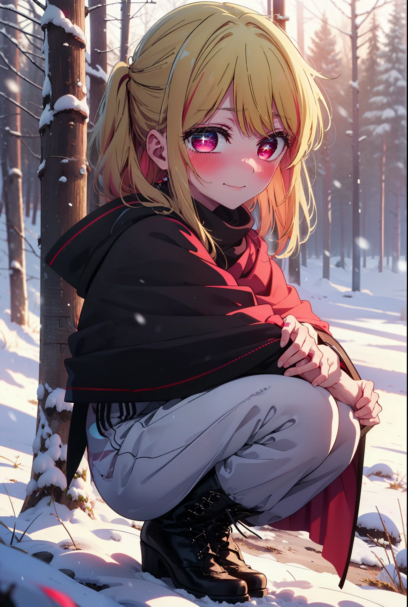 rubyhoshino, Hoshino Ruby, Long Hair, bangs, blonde, (Pink Eyes:1.3), Side Lock, (Symbol-shaped pupil:1.5), Multicolored Hair, Two-tone hair, smile,,smile,blush,white breath,
Open your mouth,snow,Ground bonfire, Outdoor, boots, snowing, From the side, wood, suitcase, Cape, Blurred, , forest, White handbag, nature,  Squat, Mouth closed, Cape, winter, Written boundary depth, Black shoes, red Cape break looking at viewer, Upper Body, whole body, break Outdoor, forest, nature, break (masterpiece:1.2), Highest quality, High resolution, unity 8k wallpaper, (shape:0.8), (Beautiful and beautiful eyes:1.6), Highly detailed face, Perfect lighting, Extremely detailed CG, (Perfect hands, Perfect Anatomy),