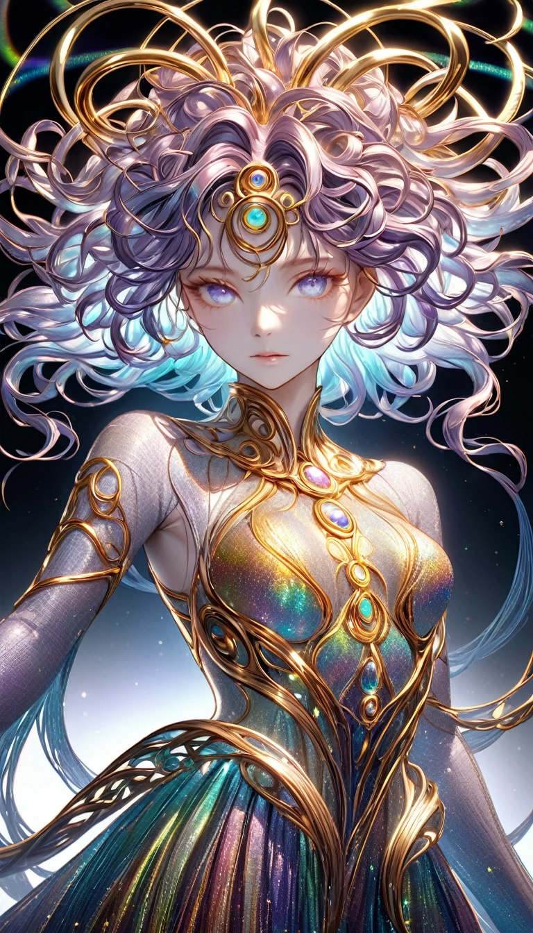 Medusa made of iridescent shining copper-plated threads, silver-plated threads, and gold-plated threads, mysterious artworks, 2.5D, delicate and dynamic, shading, contrast magic, beautiful colors effects