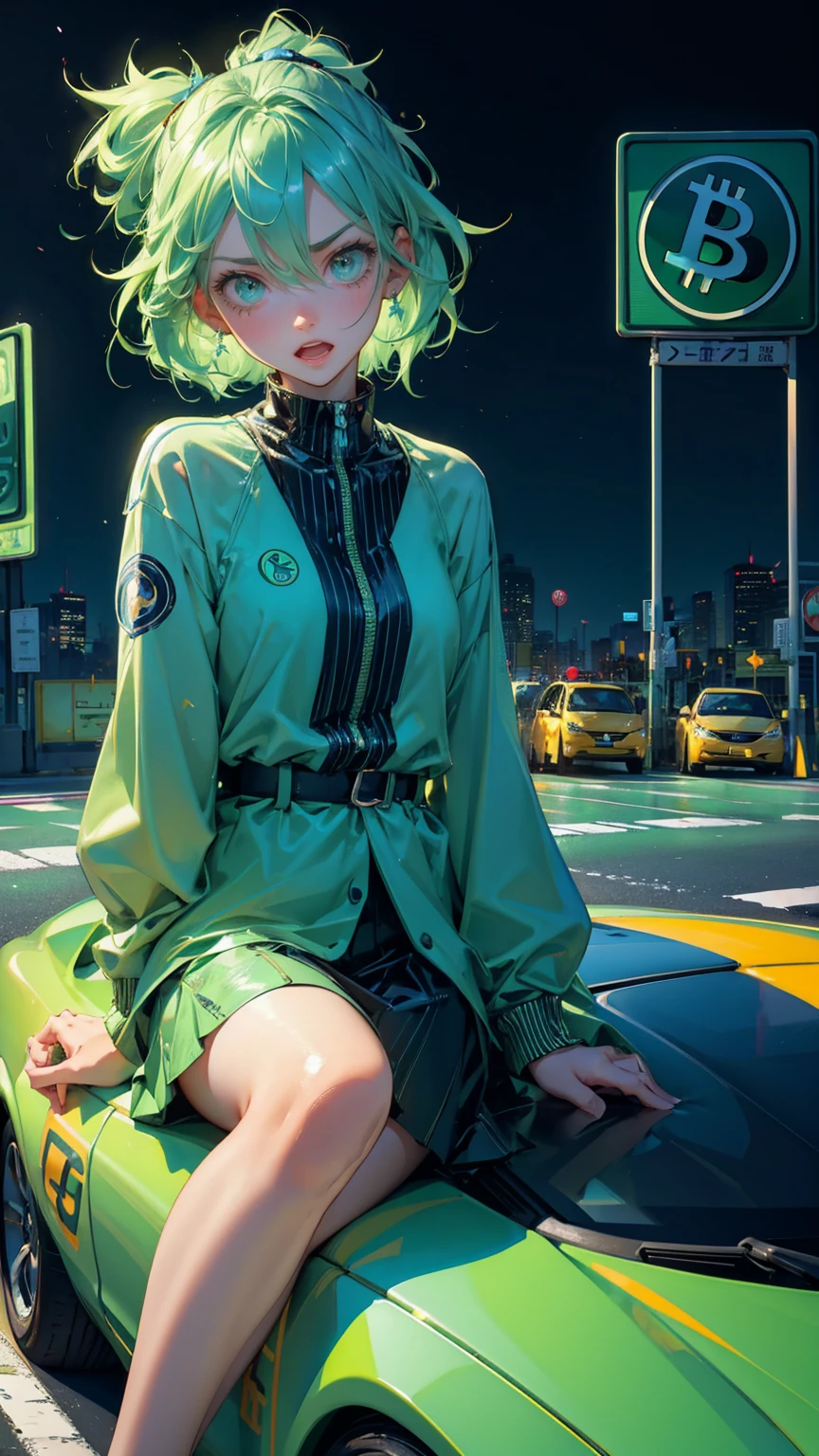 A cute girl light green hairs, with sadness emotions on face with open mouth, looking at of cars stuck in traffic with bitcoin symbols on the road signs, Bitcoin symbols and blue hues for road signs, extremely frustrated girl sitting on the car,
