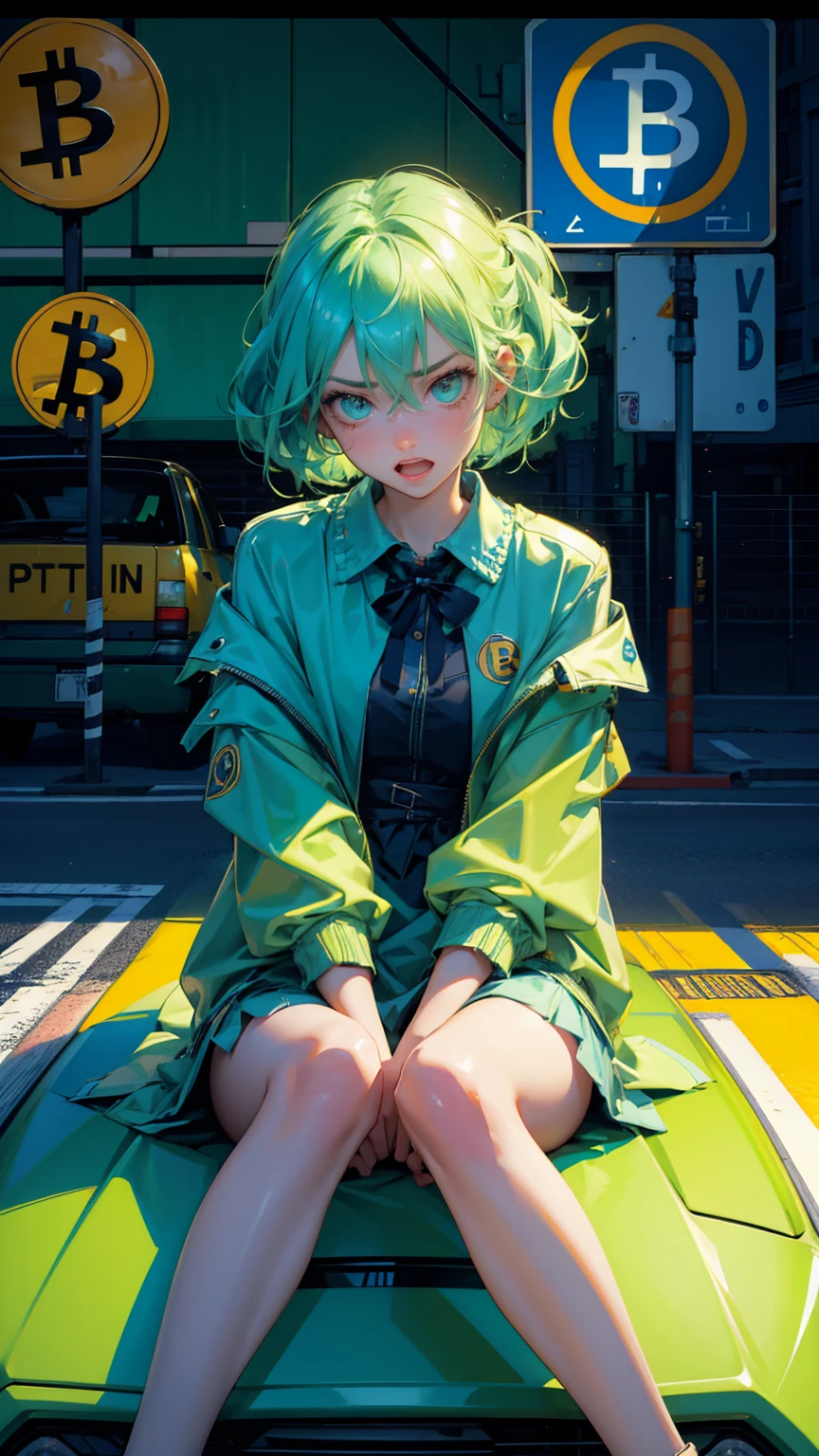 A cute girl light green hairs, with sadness emotions on face with open mouth, looking at of cars stuck in traffic with bitcoin symbols on the road signs, Bitcoin symbols and blue hues for road signs, extremely frustrated girl sitting on the car,
