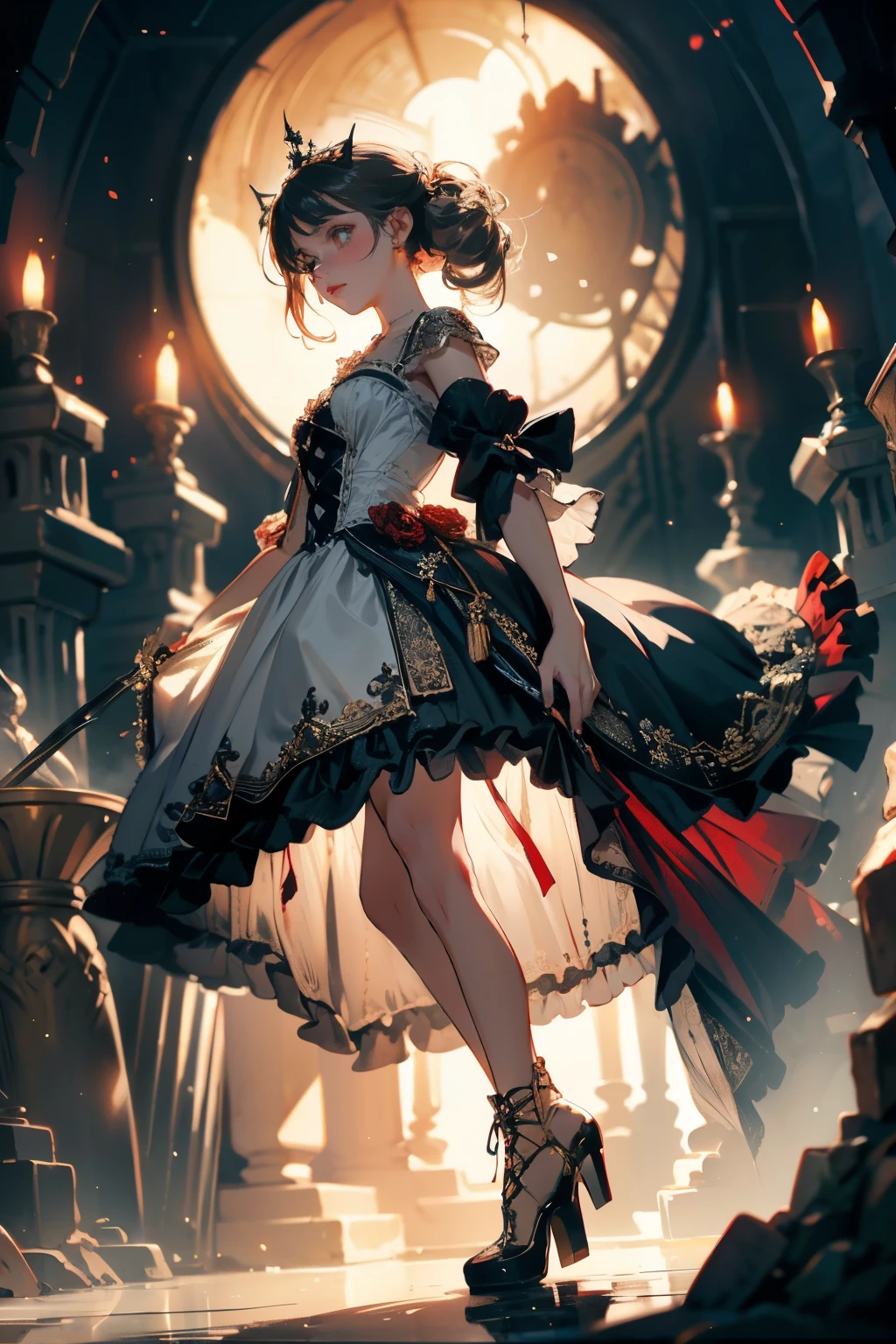 ((best quality)), ((masterpiece)), (detailed), blank white background, plain background, white background, red and white clothing, Bloodborne inspired,  occult aesthetic, occult, detailed and intricate steampunk and detailed gothic, NSFW, Very dramatic and cinematic lighting, cosmic horror, grim-dark, side-lighting, perfect face, NSFW, Fluttering lace flared long knee length dress with frilly petticoats, knee length dress, pleated petticoats, lolita dress, petticoats gothic lolita, complex lace boots, wielding a sword and holding a shield, side-lighting, gothic lolita aesthetic, NSFW, beautiful small breasts, small breasts, full body, whole body, body, plain background, white background, blank background, no background, white background NSFW, full body, whole body, head-to-toe