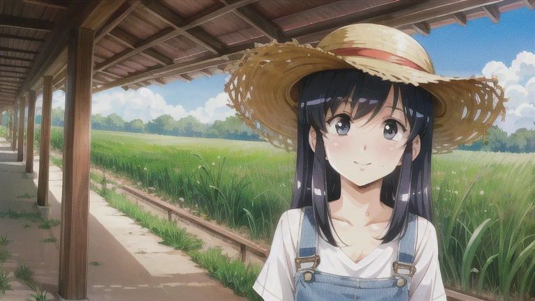 Shoulder-length hair　Black Hair　Farm work overalls　Straw hat　Sweat　Anime Style　smile　towel　Paddy field　sunny　rice