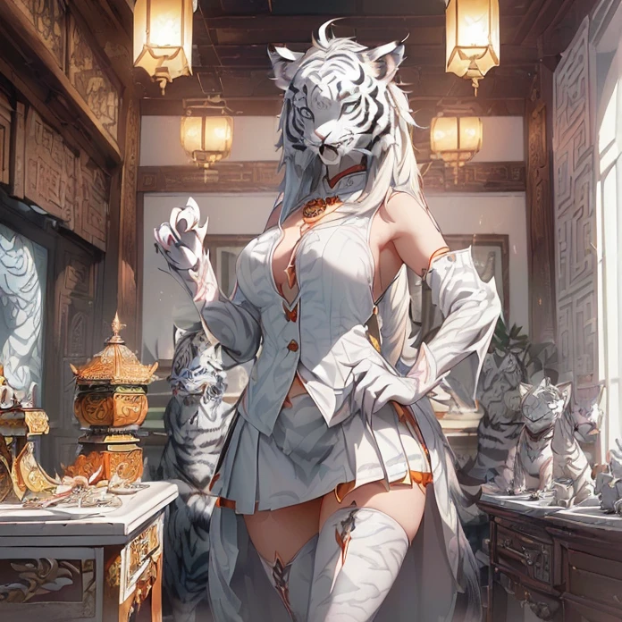 (absurdres, masterpiece, best high quality image epic artwork, high fantasy genre, carefully detailed image, carefully detailed textures, animalistic character, fantasy animal artwork, anthropomorphic, real animal features, solo animal character, full anthro animal body view)
{{((1anthropomorphic-animal: 60 years old adult female white tiger: ((female white tiger head, female real white tiger face, white tiger light-blue eyes, pink nose, rounded white tiger ears, white tiger neck, bear open mouth with sharp teeth and sharp fangs), (female slender white tiger body, white tiger little breasts, white tiger arms, white tiger hands with five fingers and grey sharp claws), (white tiger slender legs, white tiger feet, five white tiger fingers with grey sharp claws)), ((black dress shirt, orange hindu skirt, golden chinese necklace)), (white tiger smiling face, white tiger standing relaxed pose, white tiger calmed demeanor), (green jade chinese house interior, green jade house walls, hindu forniture, four hindu wooden chairs, one hindu wooden table, one chinese little television screen over the table))}}