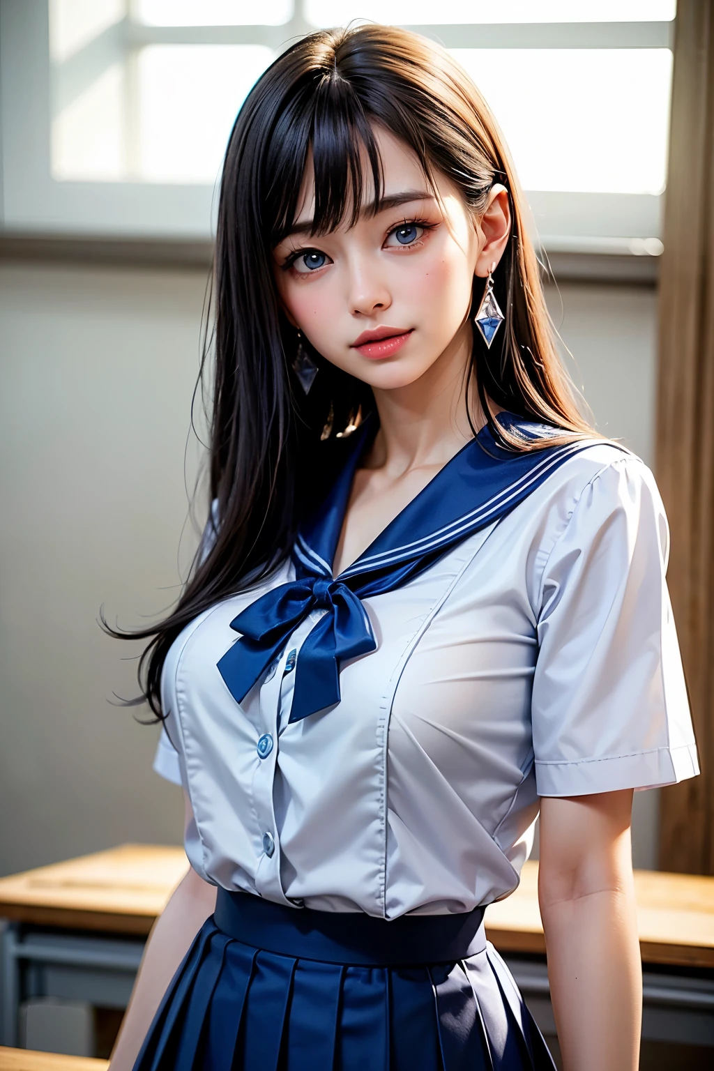 (Masseter region、Highest quality、Best image quality、High resolution、Highest quality、最High resolution、すべてをHigh resolutionで描画する、Very beautiful woman)、{Sailor suit|high school girl|blazer|Pleated skirt|mini skirt|Huge boobs}  school uniform)、Vivid crystal light blue eyes、very brightly colored eyes、Smaller diamond-shaped earrings、Look closely at the camera、Listen carefully、Beautiful Hair、Beautiful super short hairstyle with bangs:1.6、Show off your beautiful décolletage、Beautiful 28 years old、Lip gloss、Long neck、smile、Cute smile、Beautiful teeth alignment、beauty、Beautiful woman、A pure white business shirt with an open chest、Shining light from the window、Slightly larger eyes、Very mature and beautiful woman、Small face、Tall Supermodels、Broad shouldered supermodel、very beautiful big breasts、Beautiful cleavage、The background is a school classroom.