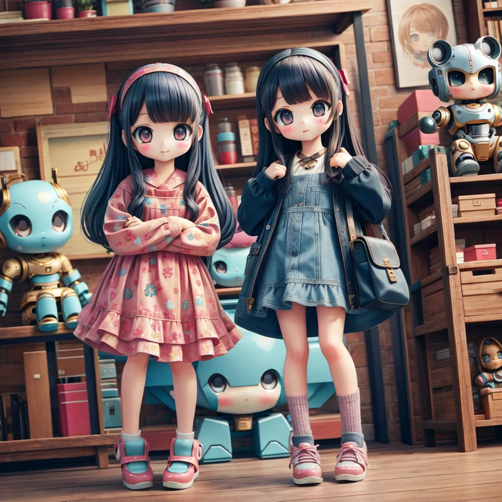 Realistic、Photo of a collaboration between dolls and robots、Comical pose、Cute Shoes