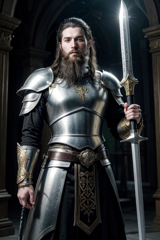 Pale Celtic Prince, strong and tall with black hair and beard and silver eyes, wielding a sacred sword and wearing black armor with gold details.