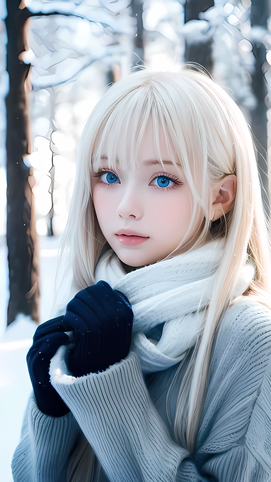 alone, very beautiful nordic girl、Shiny light blonde hair, Beautiful super long straight dazzling blonde hair fluttering in the strong wind,Long bangs obstruct the view、 Very large eyes are pale sky blue, Detailed face, White and beautiful skin、Cheek gloss highlighter、Mittens, White scarf, whole body, Snow Forest, Attractive areas, (Blushing your nose, Heavy breathing:1.1), (dark:1.4)