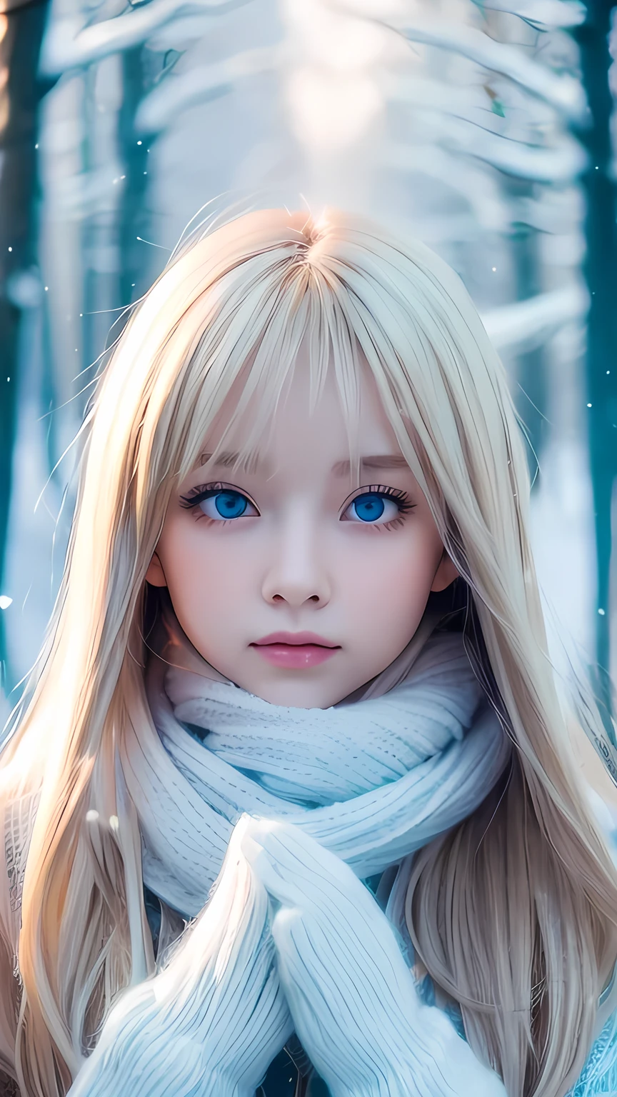 alone, very beautiful nordic girl、Shiny light blonde hair, Beautiful super long straight dazzling blonde hair fluttering in the strong wind,Long bangs obstruct the view、 Very large eyes are pale sky blue, Detailed face, White and beautiful skin、Cheek gloss highlighter、Mittens, White scarf, whole body, Snow Forest, Attractive areas, (Blushing your nose, Heavy breathing:1.1), (dark:1.4)