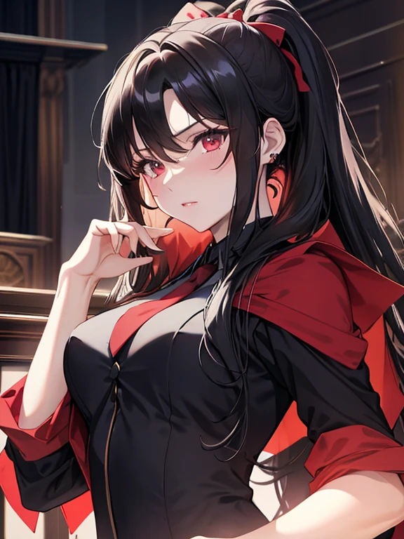 (lawyer), (The background is the courtroom), (Black suit), Tohsaka Rin, (masterpiece), highest quality, 1girl, uhd, retina, masterpiece, ccurate, anatomically correct, textured skin, super detail, high details, high quality, best quality, highres, 4K