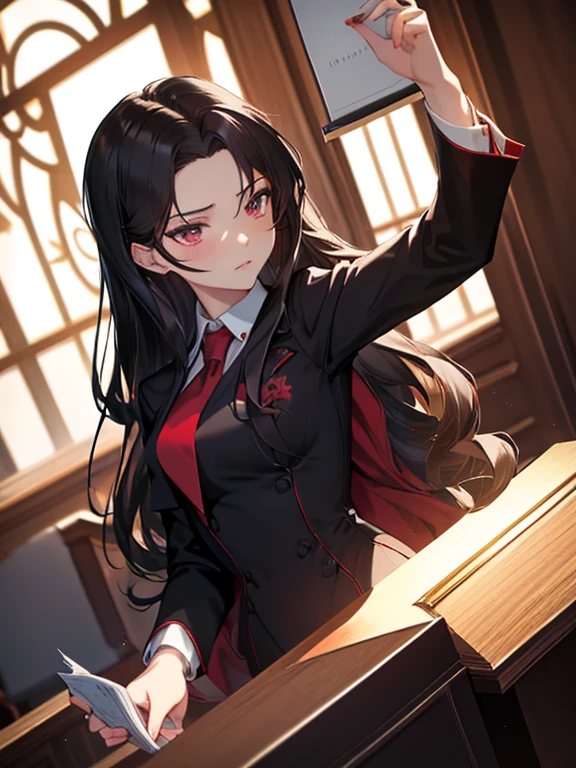 (lawyer), (The background is the courtroom), (Black suit), Tohsaka Rin, (masterpiece), highest quality, 1girl, uhd, retina, masterpiece, ccurate, anatomically correct, textured skin, super detail, high details, high quality, best quality, highres, 4K