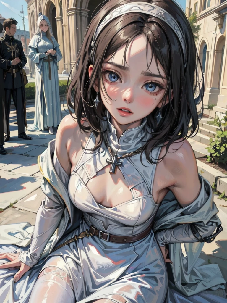 absurdres, RAW photo, extremely delicate and beautiful, masterpiece, Best Quality, ultra high resolution, 32k, hyperrealistic, ultra-detailed, perfect anatomy, anatomically correct, perfect figure, Perfect Style, Perfect balance, super Detailed skin, in her 30s, very Slim body, narrow waist, very small head, very small face, delicate facial features, handsome detailed woman, very detailed eyes and face, realistic face proportions, Realistic beautiful face, Realistic beautiful eyes, tearful mole, earring, medium tits, whole body shot, medium hair, outdoor, Joan of Arc, Medieval France, White surcoat and cross armor, Warm candlelight,
