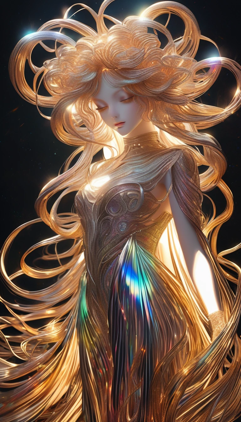 Medusa made of iridescent shining copper-plated threads, silver-plated threads, and gold-plated threads, mysterious artworks, 2.5D, delicate and dynamic, shading, contrast magic, beautiful colors effects