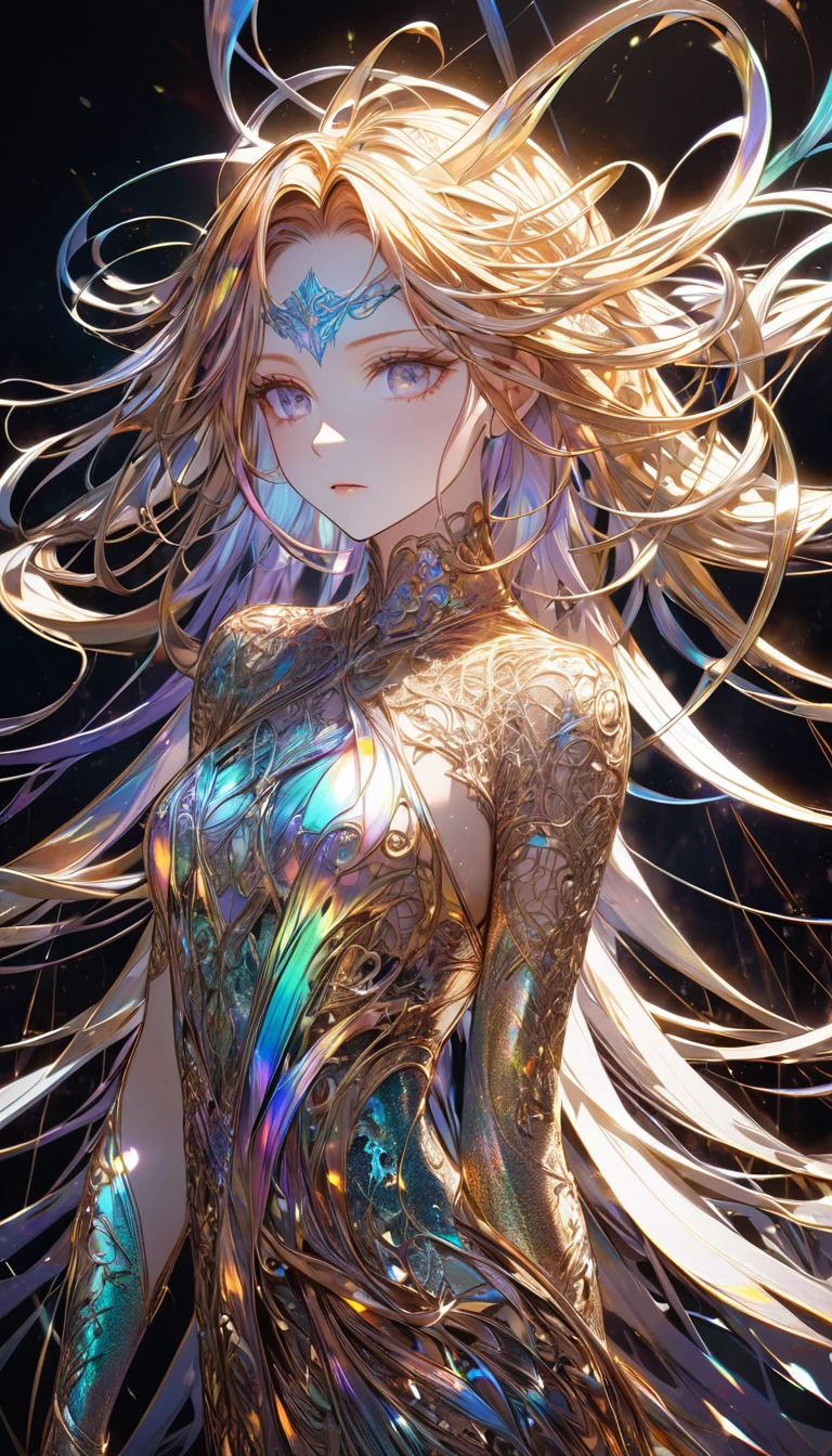 Medusa made of iridescent shining copper-plated threads, silver-plated threads, and gold-plated threads, mysterious artworks, 2.5D, delicate and dynamic, shading, contrast magic, beautiful colors effects