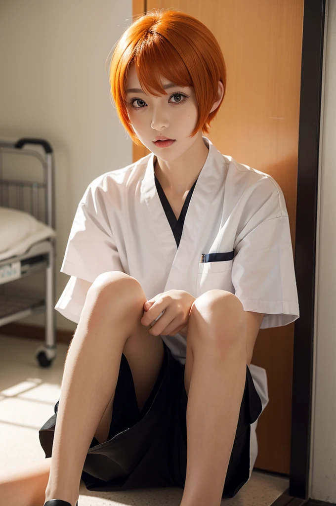 Orange tail, orange hair, short hair, black pupils, hospital uniform, youth